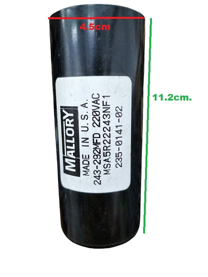 Mallory Motor Start Capacitor 243-292 MFD in black cylindrical casing with voltage and model details