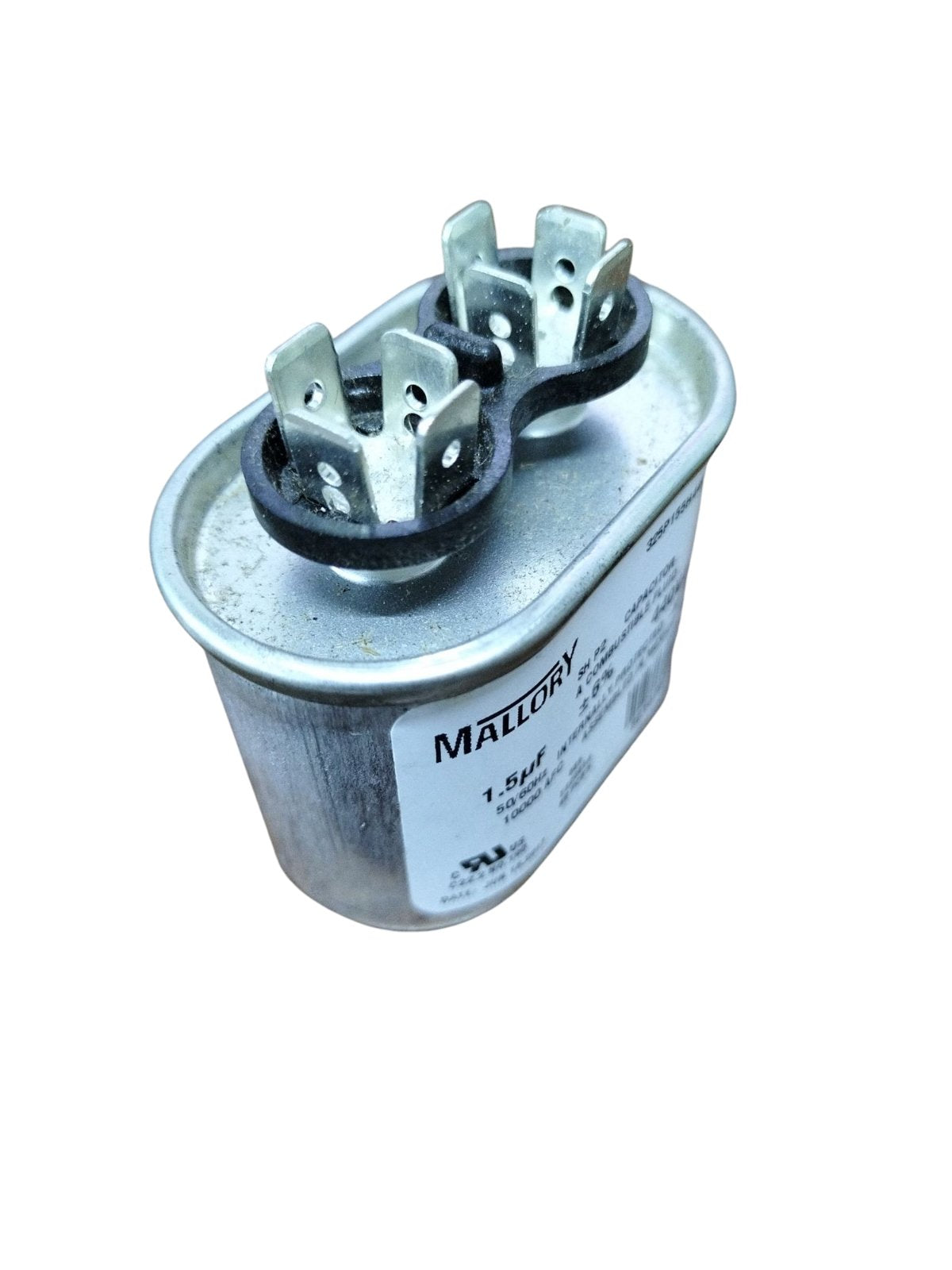 Mallory oil-filled running capacitor 440V AC with two terminal connections for efficient energy use