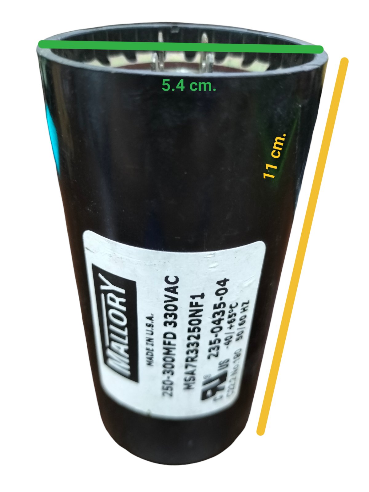Mallory Starting Capacitor 250-300 MFD 330 VAC with cylindrical black casing and label