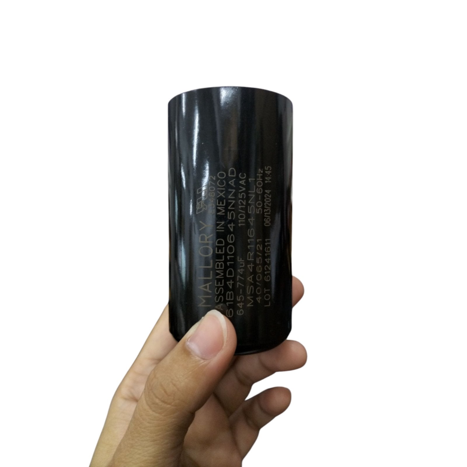 Mallory starting capacitor 645-774uF in black housing, ideal for HVAC applications