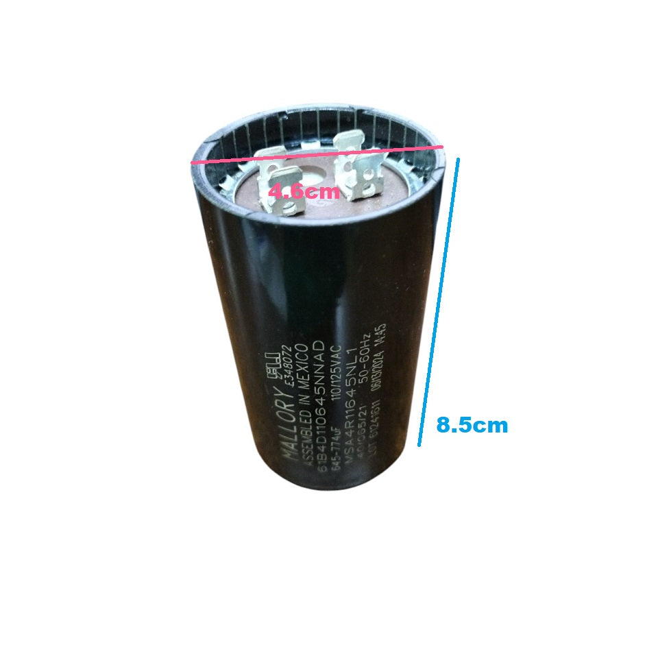 Mallory starting capacitor 645-774uF with dimensions of 4.6cm diameter and 8.5cm height for electrical applications