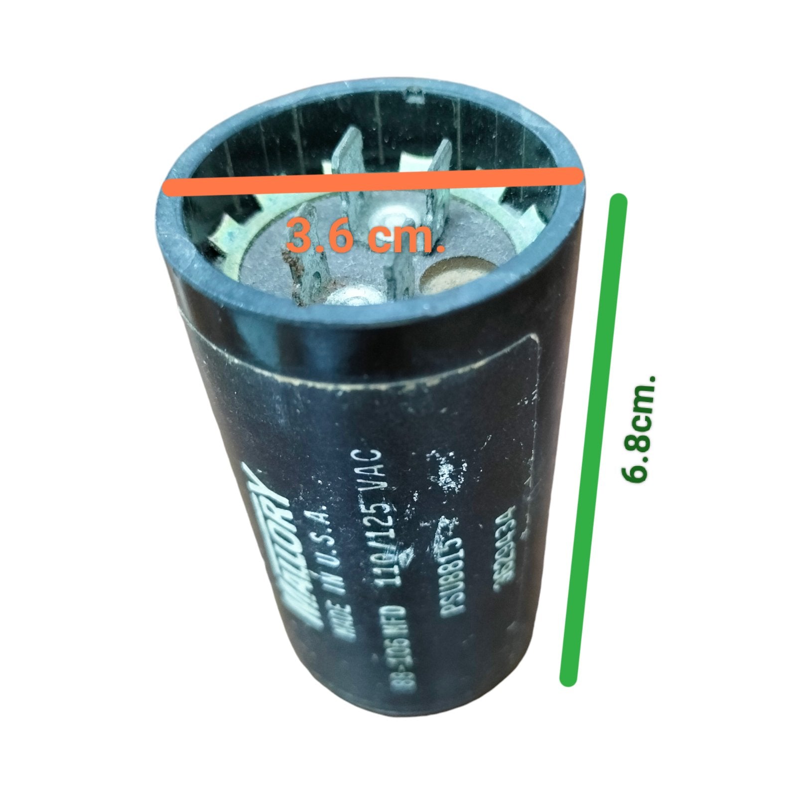 Mallory Starting Capacitor 88-106 MFD black cylindrical electrical part with 3.6 cm diameter and 6.8 cm height