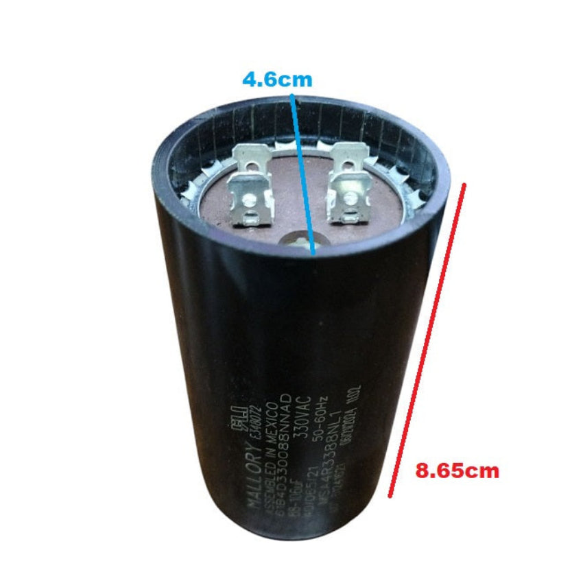 Mallory Starting Capacitor 88 to 106UF 330V with dimensions of 4.6cm diameter and 8.65cm height