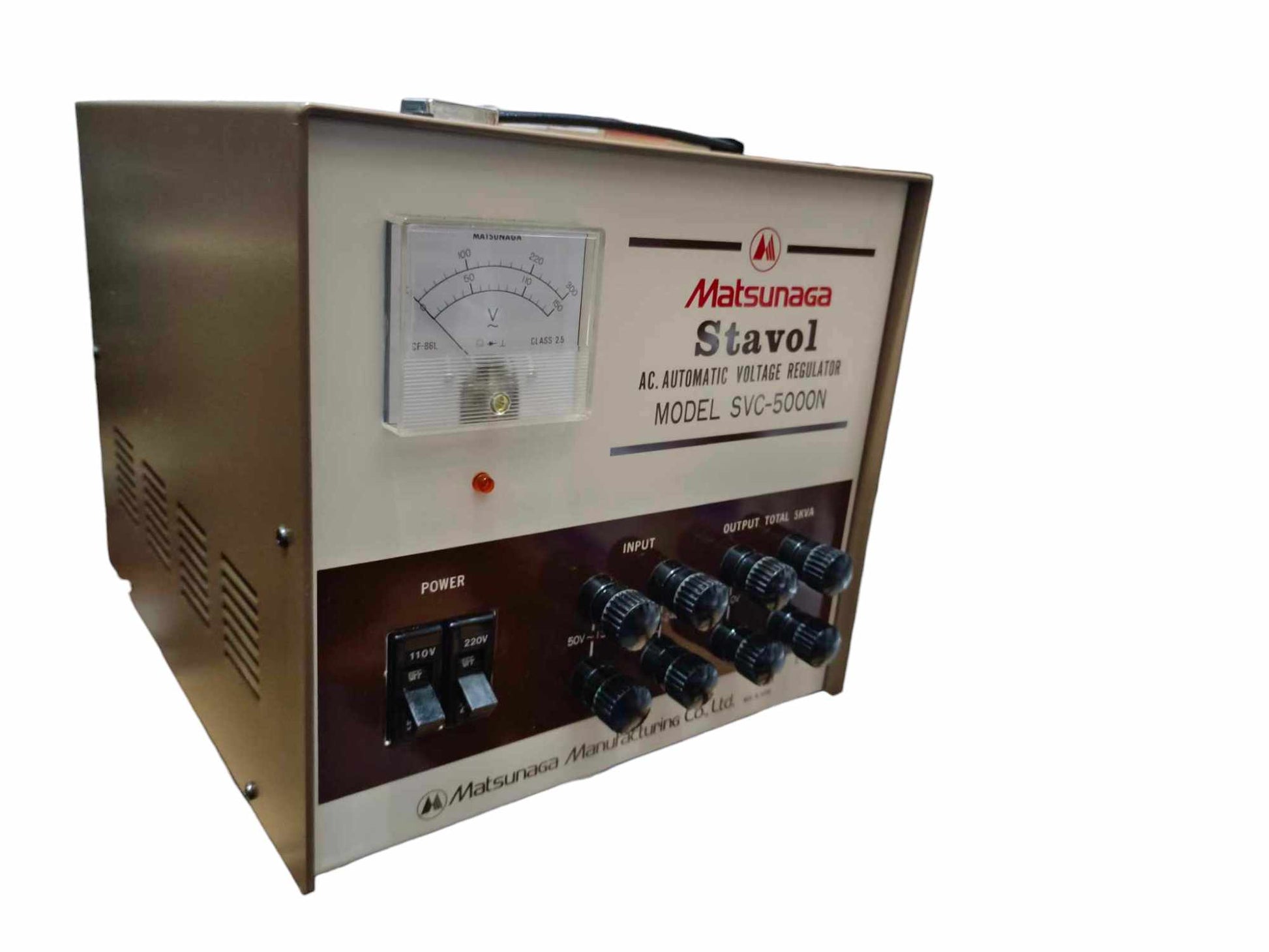 5000W AVR 220V Stavol Matsunaga automatic voltage regulator unit with control knobs and meter
