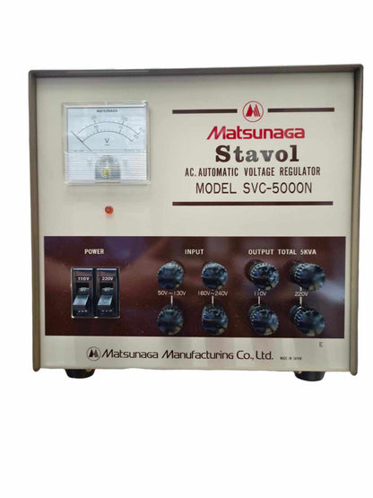 5000W AVR 220V Stavol Matsunaga AC automatic voltage regulator model SVC-5000N with power switches and voltage dials