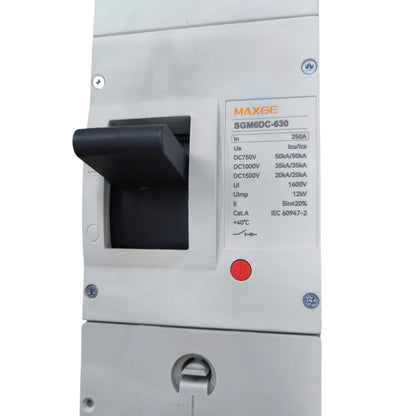 Maxge 250A 2Pole Industrial Circuit Breaker with black switch and detailed electrical specifications