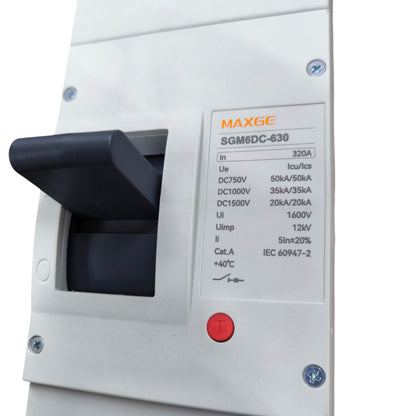 Maxge MCCB 1500V DC 20KAIC DC Breaker with black handle and technical specifications label