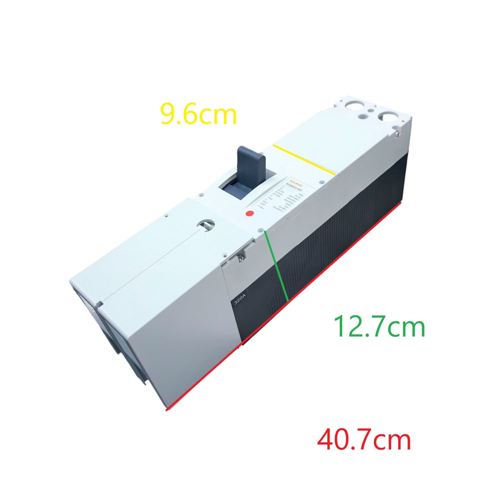 Maxge MCCB 1500V DC 20KAIC DC Breaker with detailed dimensions in white and black casing