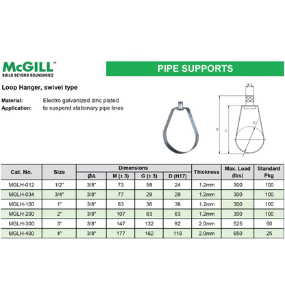 McGill 1 inch loop hanger 36mm for suspending stationary pipe lines with swivel type design