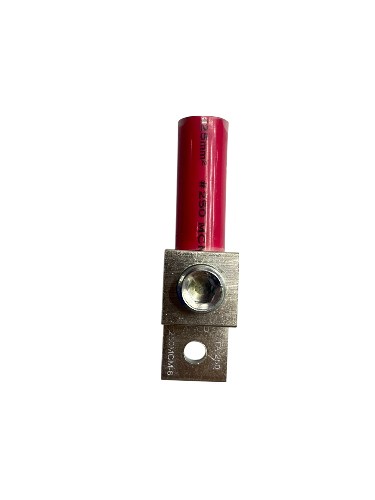 Grippes mechanical lug 1 hole 250MCM with red wire for electrical connections in circuitry