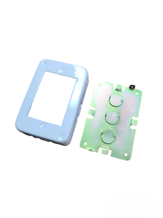 Amco metal 2x4 utility box with white outer frame and metal mounting plate for electrical installations