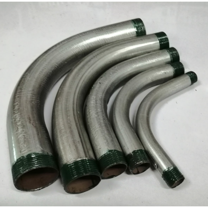 Metal Conduit Elbow 72mm x 3 Meters curved metal pipes with green threaded ends in various sizes