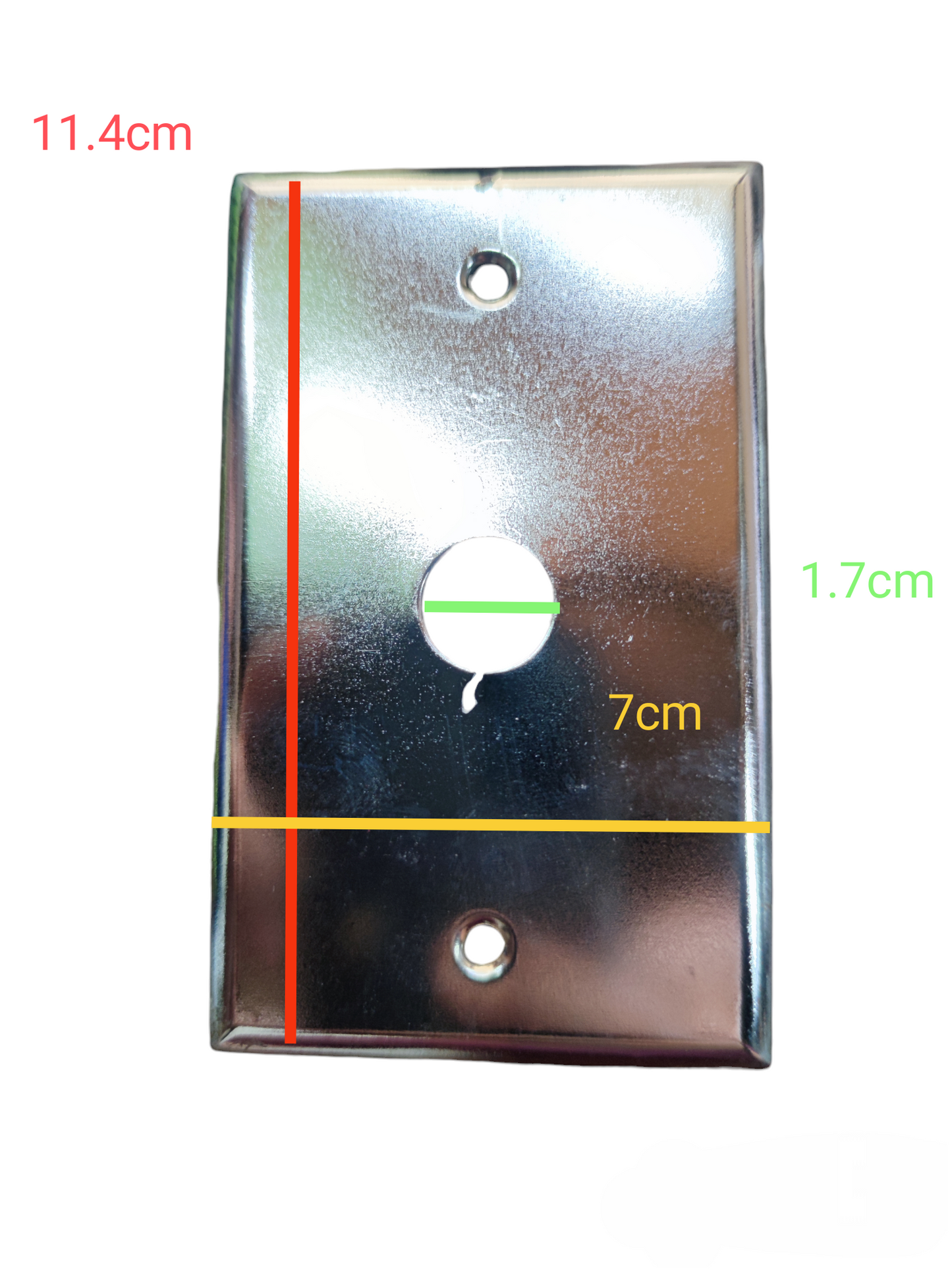 Shiny metal plate cover with a 1.7cm hole, measuring 11.4cm by 7cm for electrical installations
