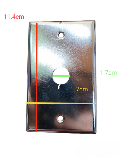 Shiny metal plate cover with a 1.7cm hole, measuring 11.4cm by 7cm for electrical installations