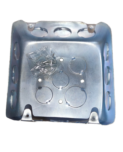 Metal Square Box 11 cm x 11 cm x 4 cm with mounting holes and included screws for electrical applications