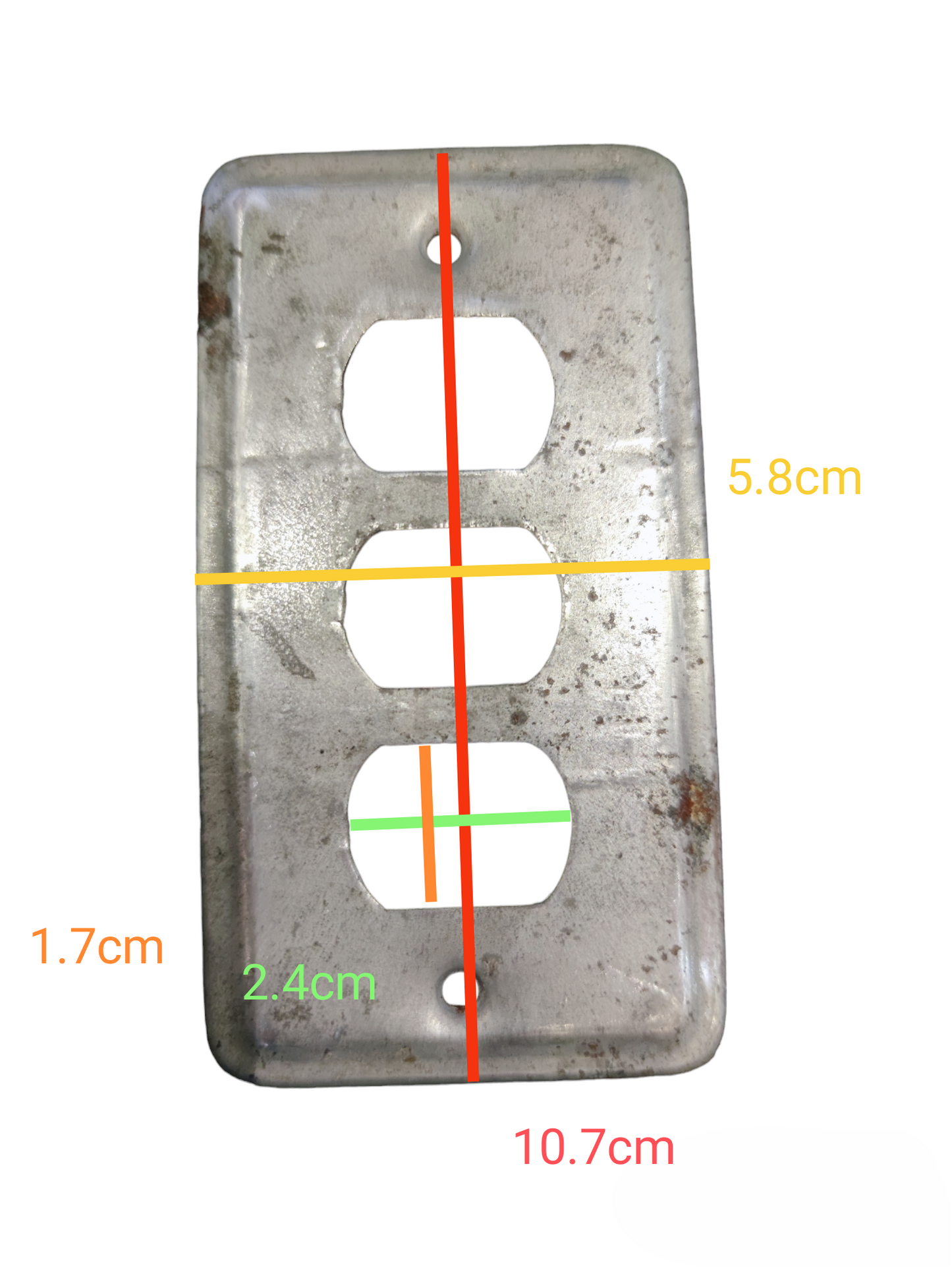 Rustic metal switch cover 3 gang with precise cutouts and measurements for secure installation