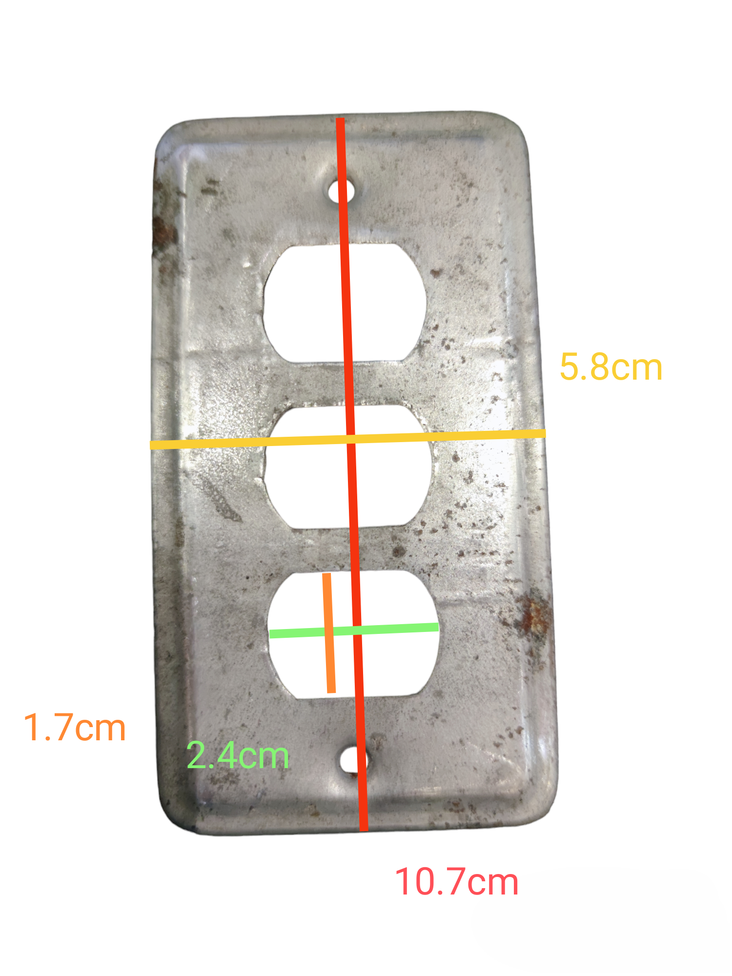 Rustic metal switch cover 3 gang with precise cutouts and measurements for secure installation