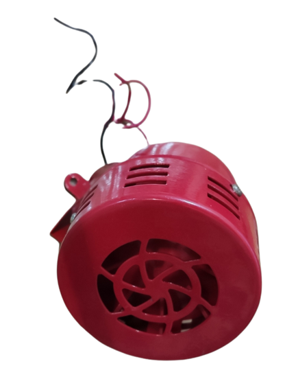 Red Mini Siren 12V DC alarm system accessory with ventilation openings and attached wires