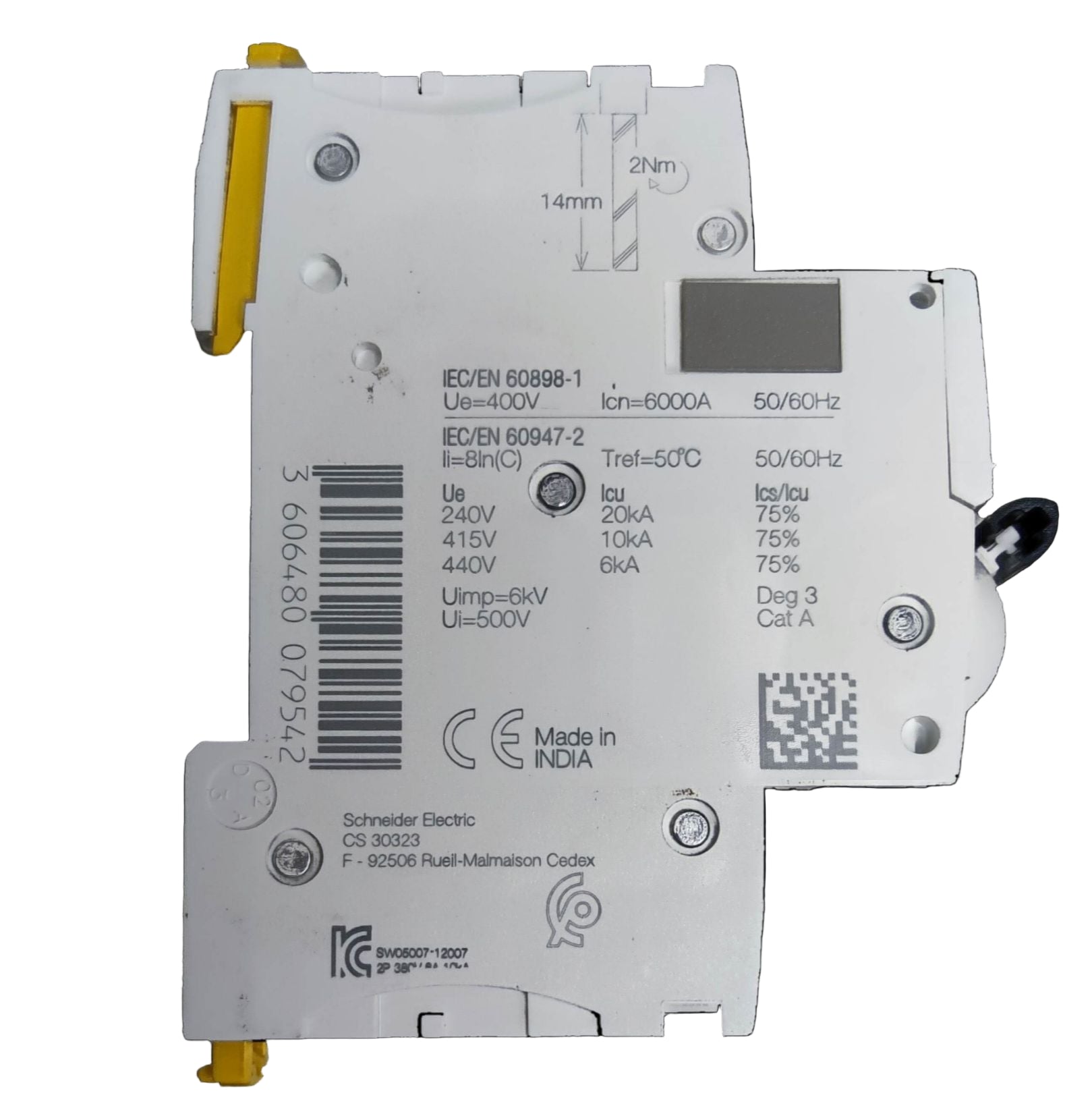 Schneider Miniature Circuit Breaker 50A 2 Pole with clear specifications and safety ratings