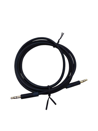 Black 3.5mm audio cable male to male with gold plated connectors coiled and tied for audio devices