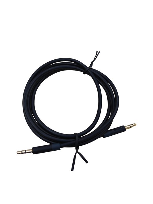 Black 3.5mm audio cable male to male with gold plated connectors coiled and tied for audio devices