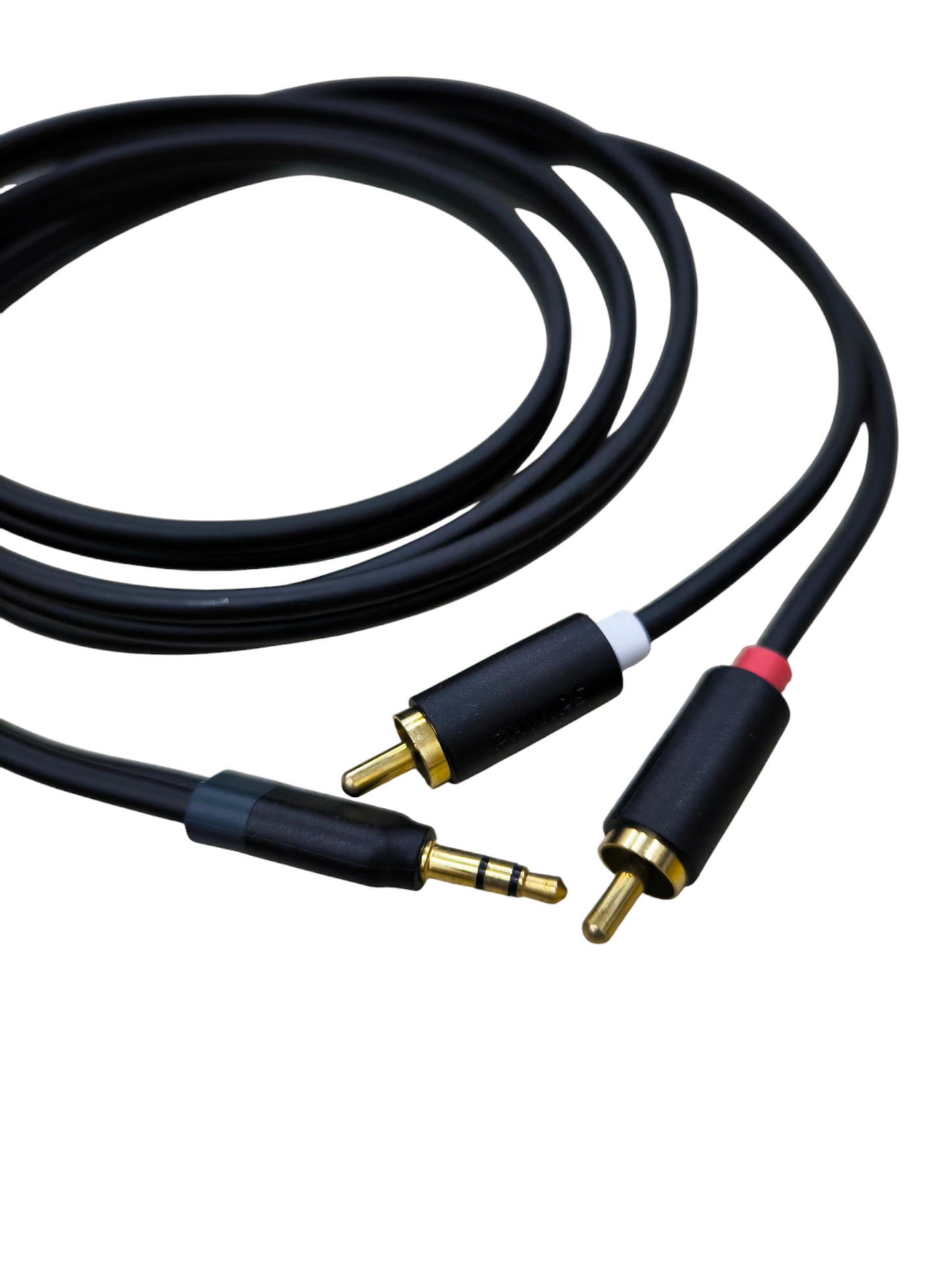 Black audio cable male to male 3.5mm to dual RCA with gold plated connectors for home audio