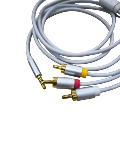 White audio cable male to male 3.5mm to three gold plated RCA plugs with red and yellow markers from China