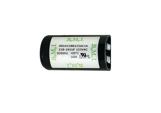 BMI Motor Capacitor 158-159uF 125V AC with durable black casing and clear labeling for electrical applications
