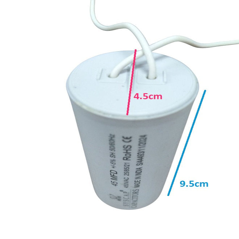 Syscap Motor Capacitor with dimensions 4.5cm height and 9.5cm diameter for electrical circuit applications