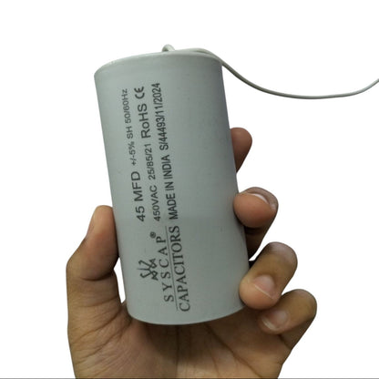 Syscap Motor Capacitor 45 MFD 450V in Hand for Electrical Applications