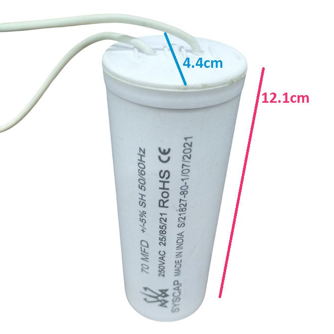 Syscap 70MFD 250V motor capacitor in white, 12.1cm tall and 4.4cm wide, suitable for electrical applications