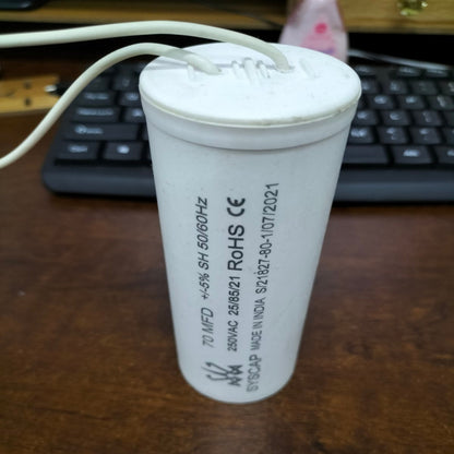 Syscap 70MFD 250V motor capacitor with white cylindrical design for electrical applications