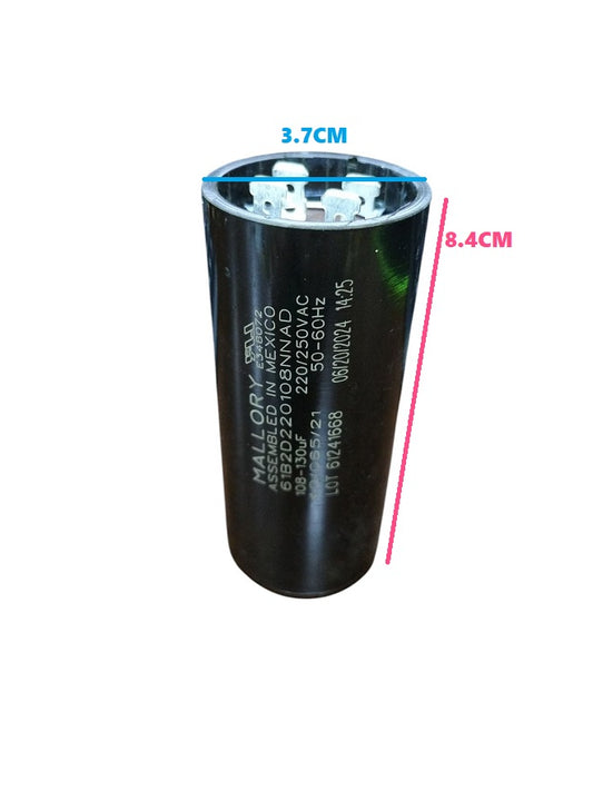 Mallory motor capacitor black cylindrical electrical component with metal terminals and dimensions