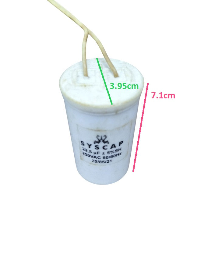 Syscap motor capacitor for industrial use white cylindrical electrical component with two wires and voltage specifications
