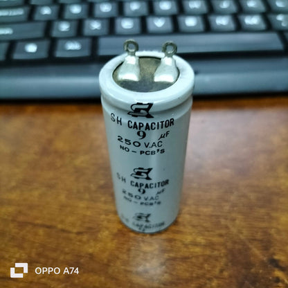 SH Motor Run Capacitor 9UF 250 VAC white cylindrical electrical component for circuits