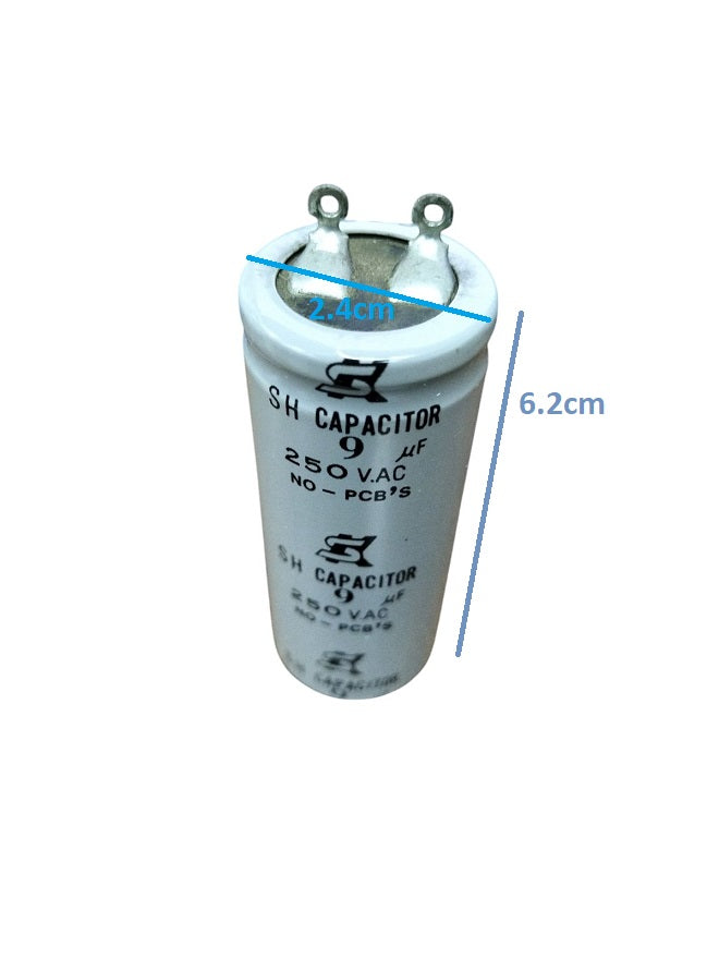 SH Motor Run Capacitor 9UF 250 VAC cylindrical electrical component with metal terminals
