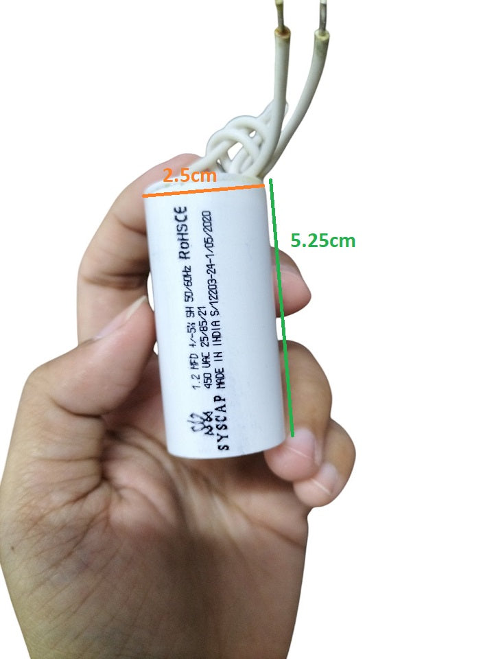 Syscap Motor Running Capacitor 1.2MFD 450v with connection leads and measurements for easy installation