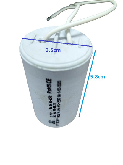 10MFD Motor Running Capacitor with white casing and electrical connections for efficient motor operation