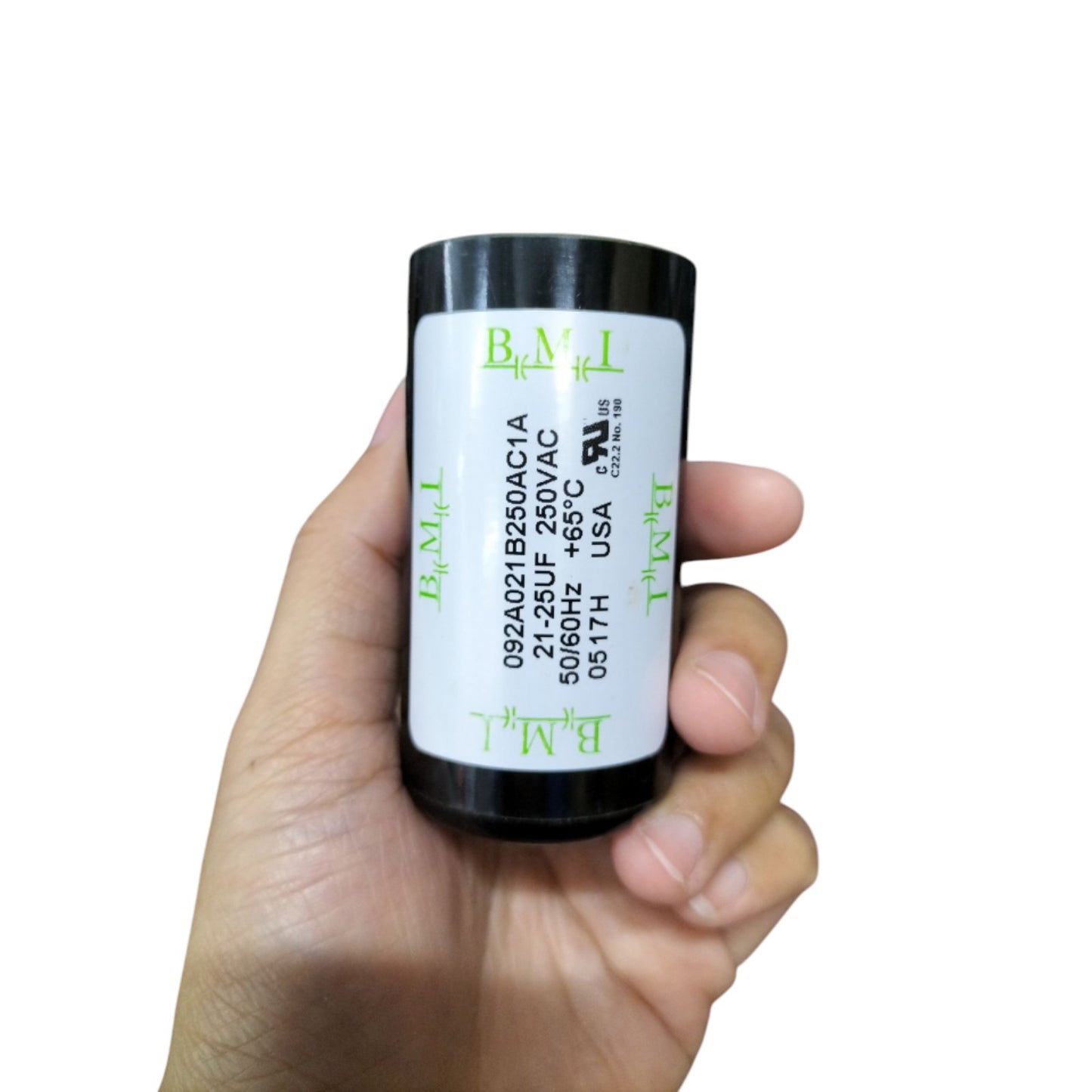 BMI Motor Starting Capacitor 21-25uf 250v in a black cylindrical casing for electrical applications