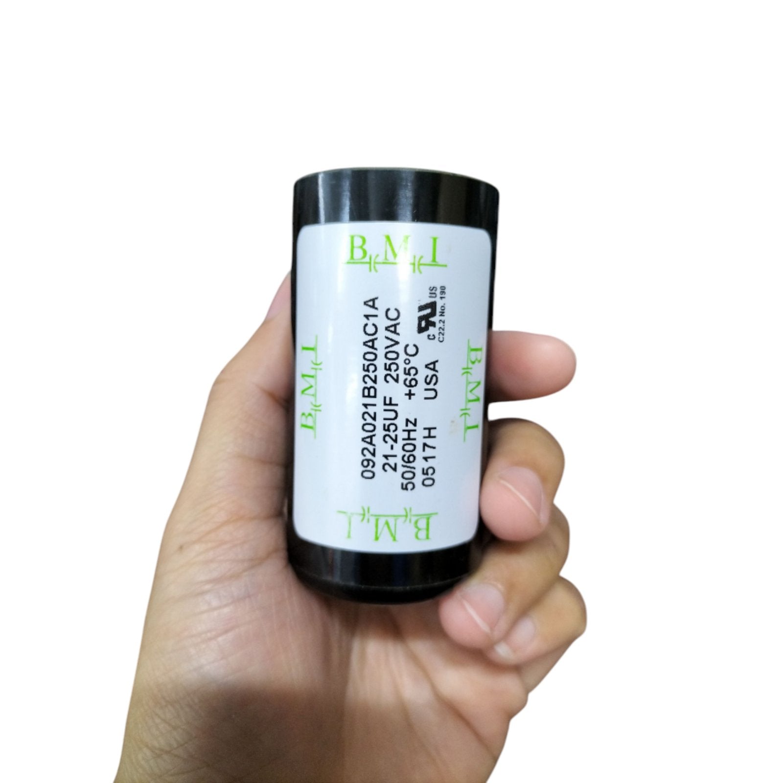 BMI Motor Starting Capacitor 21-25uf 250v in a black cylindrical casing for electrical applications