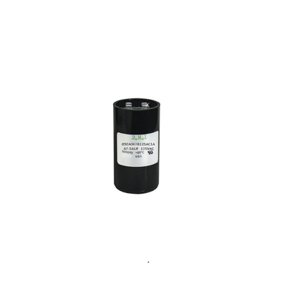 BMI motor starting capacitor 47-56 uf black cylindrical electrical component with label
