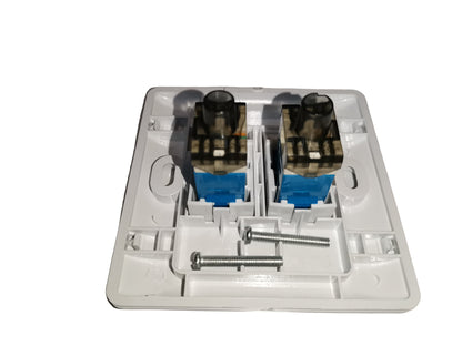 Electx Electrical Supply CAT6 2 gang LAN outlet rear view showing dual blue keystone modules and mounting screws