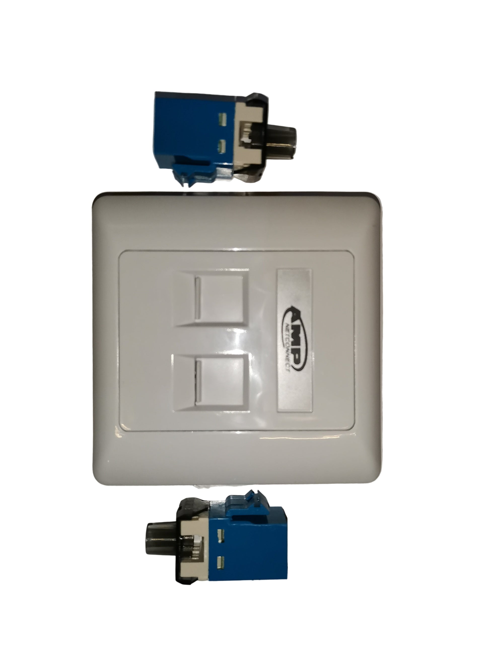 Electx Electrical Supply CAT6 2 gang LAN outlet white faceplate with two keystone openings and two blue keystone jacks