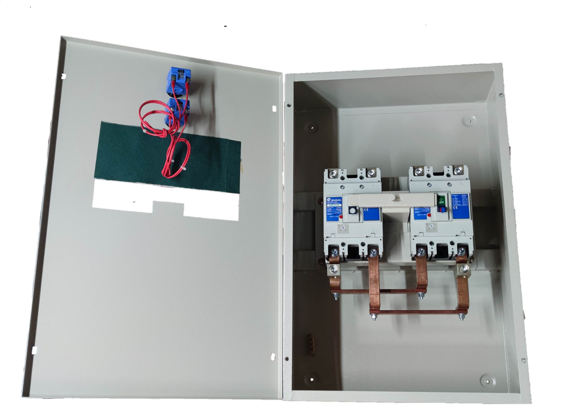 Electx Electrical Supply 250A MTS 2 Pole Single Pole electrical circuitry component inside a white metal enclosure