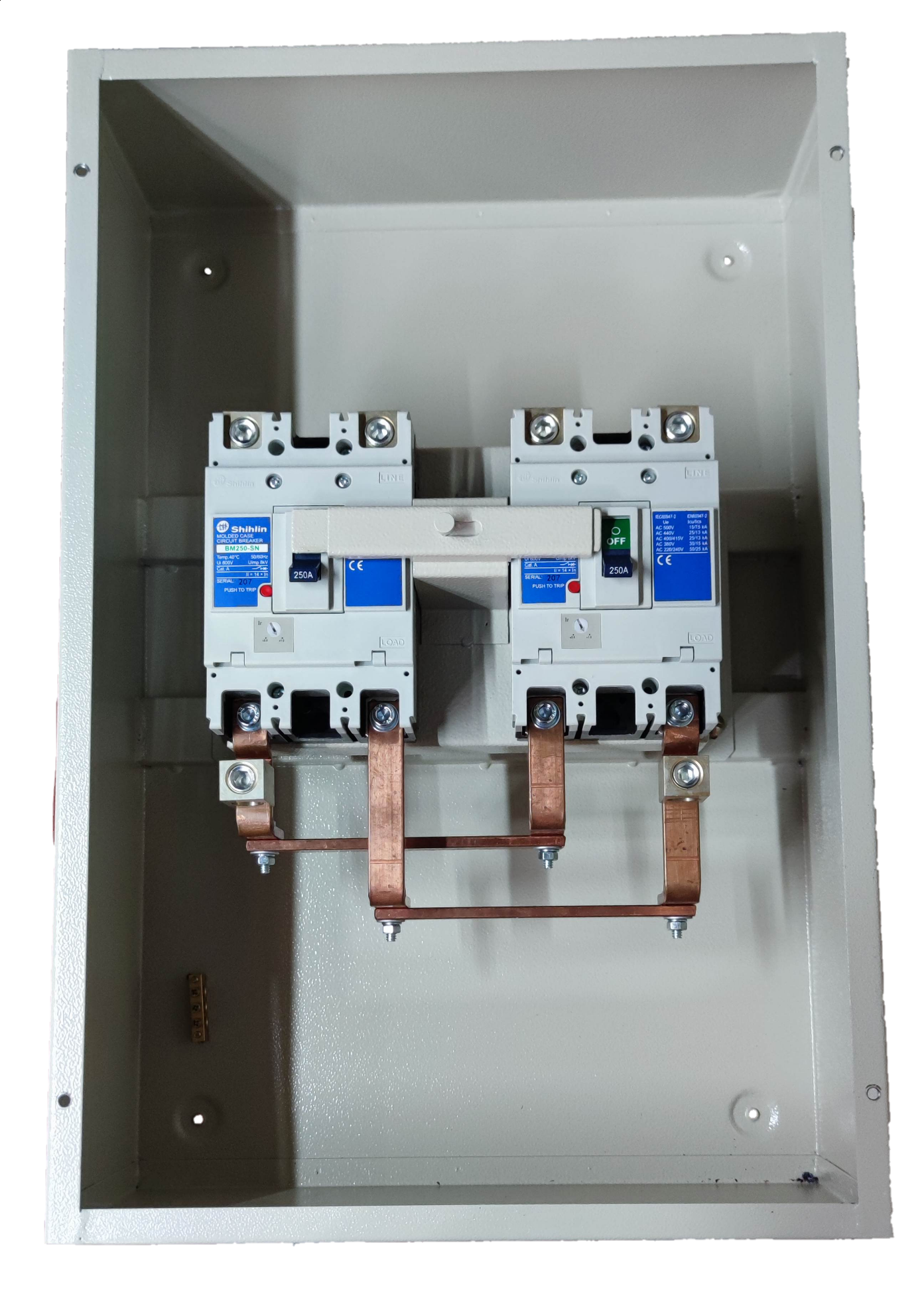 250A MTS 2 Pole Single Pole electrical breaker installed in a white metal enclosure by Electx Electrical Supply