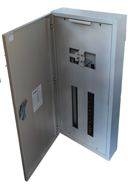 Royu MTS Main MCCB 2pole Panel Board with an open grey metal door showing internal circuit slots