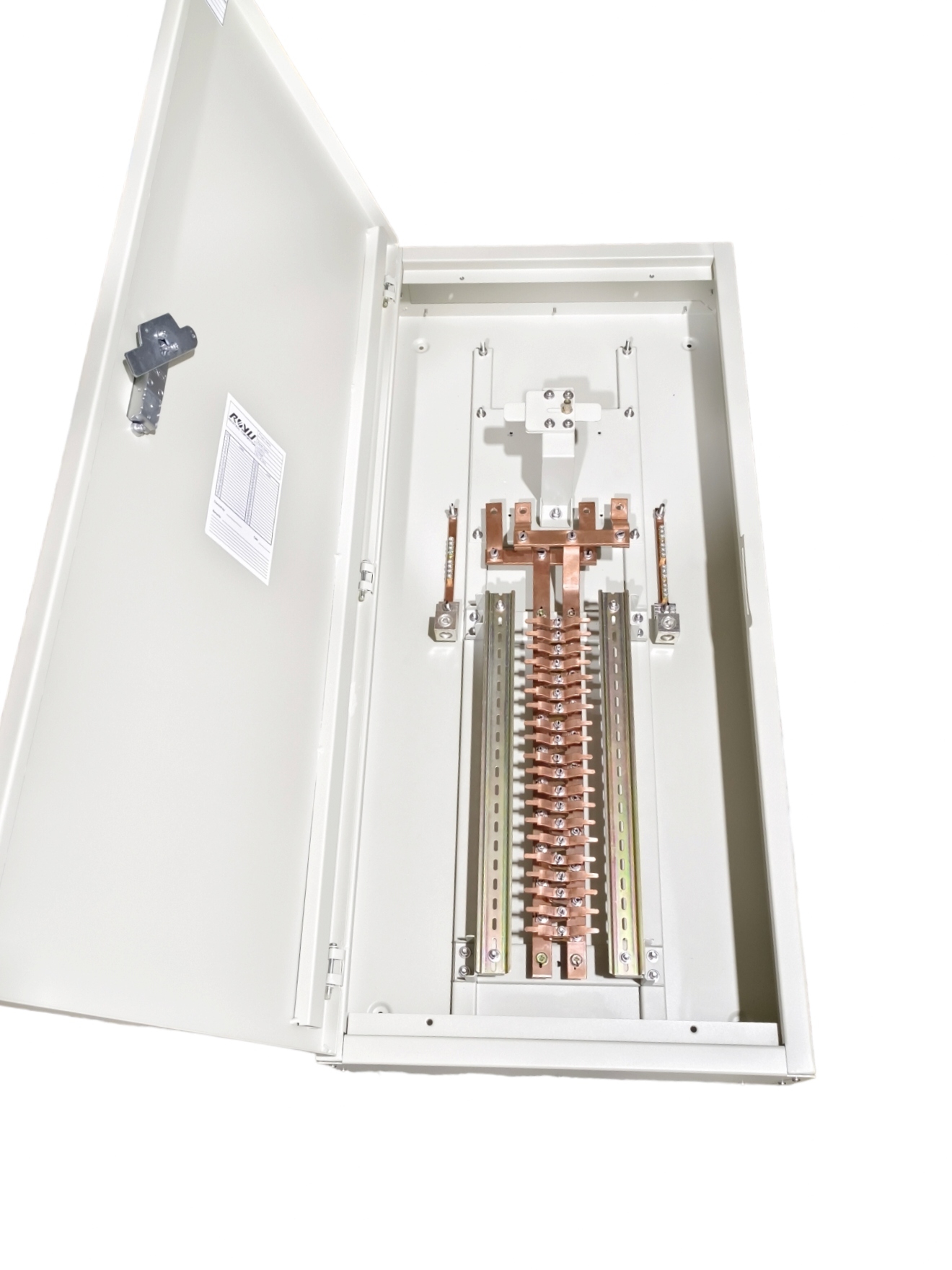 Royu MTS Main MCCB 2pole Panel Board with open metal enclosure showing copper busbars and connections