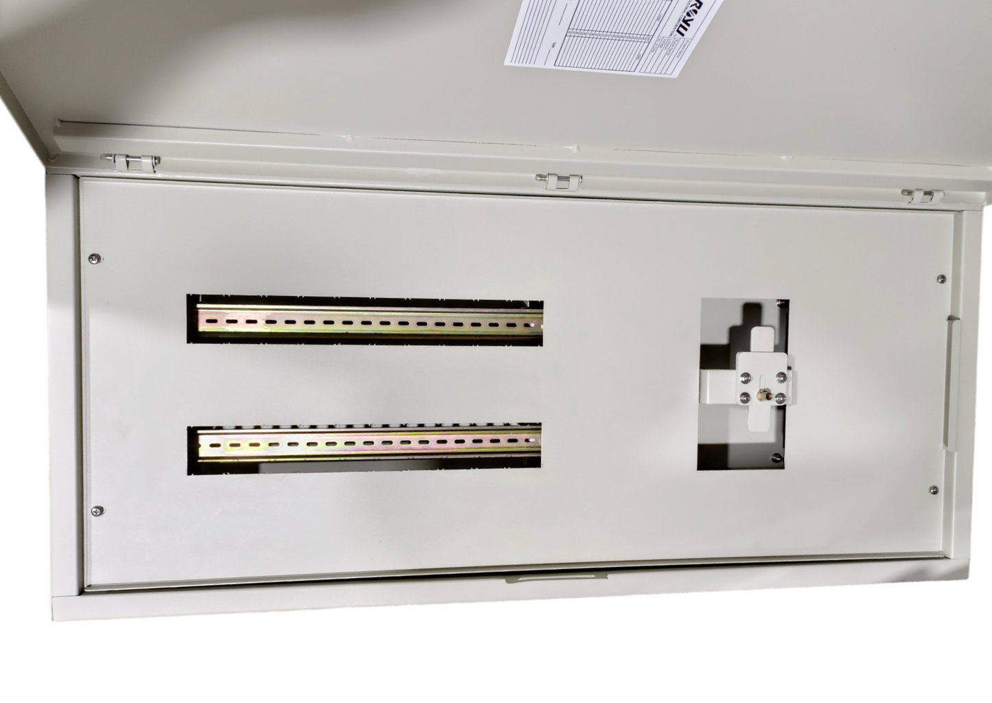 Royu MTS Main MCCB 2pole Panel Board with metal enclosure and mounting rails for electrical wiring