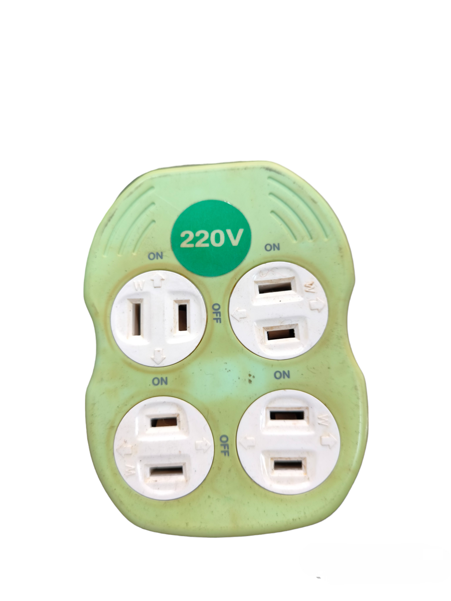 Green 10A 250V multi outlet adapter with four sockets and on off switches from Japan