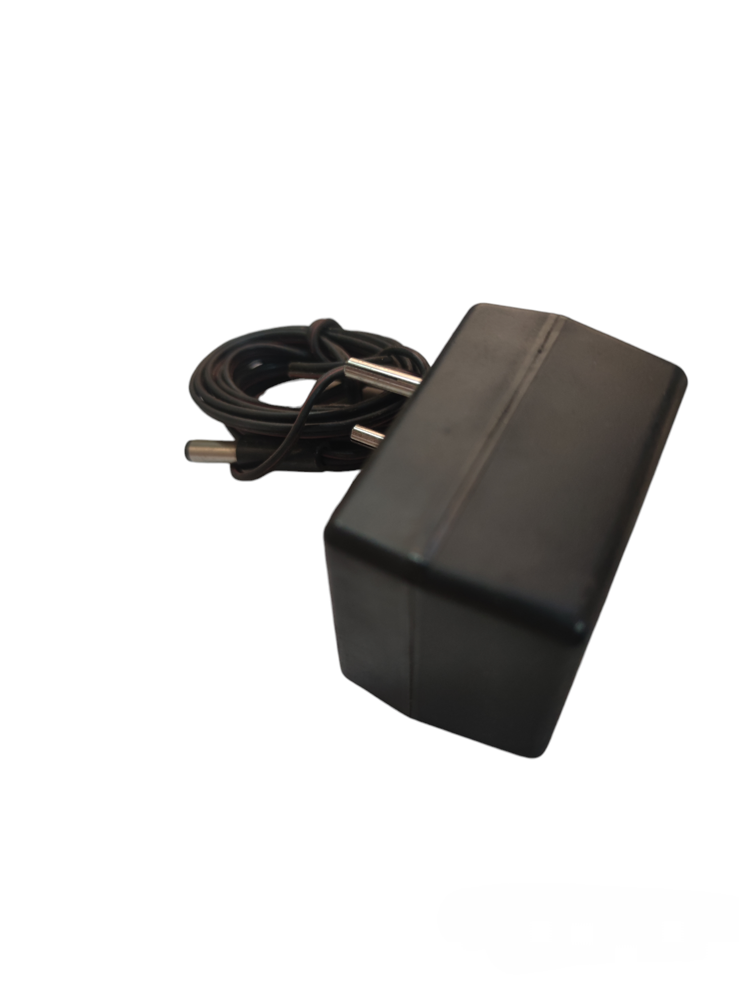 Local brand multi output AC adaptor with black rectangular body and attached power cord